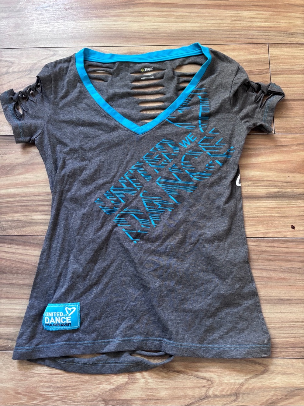 Zumba gray & blue distressed tee with white 'ZUMBA' text, size S